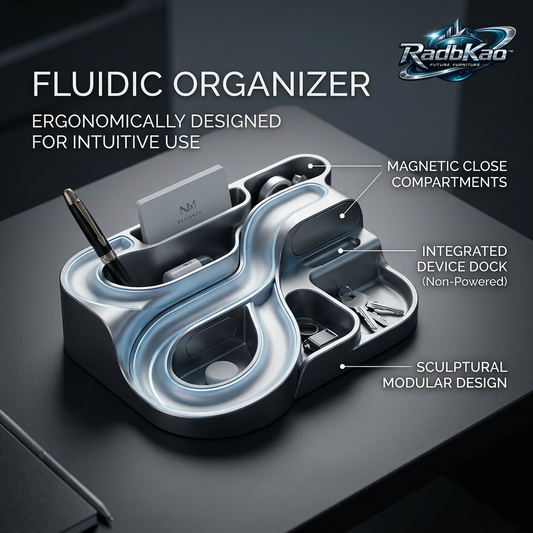 RadbKao™ Fluidic Desk Organizer - Futuristic Metallic Modular Desk Caddy, Sculptural Tabletop Storage with Magnetic Compartments, Non-Powered Phone Stand, Card Slot & Key Tray for Office & Home Decor