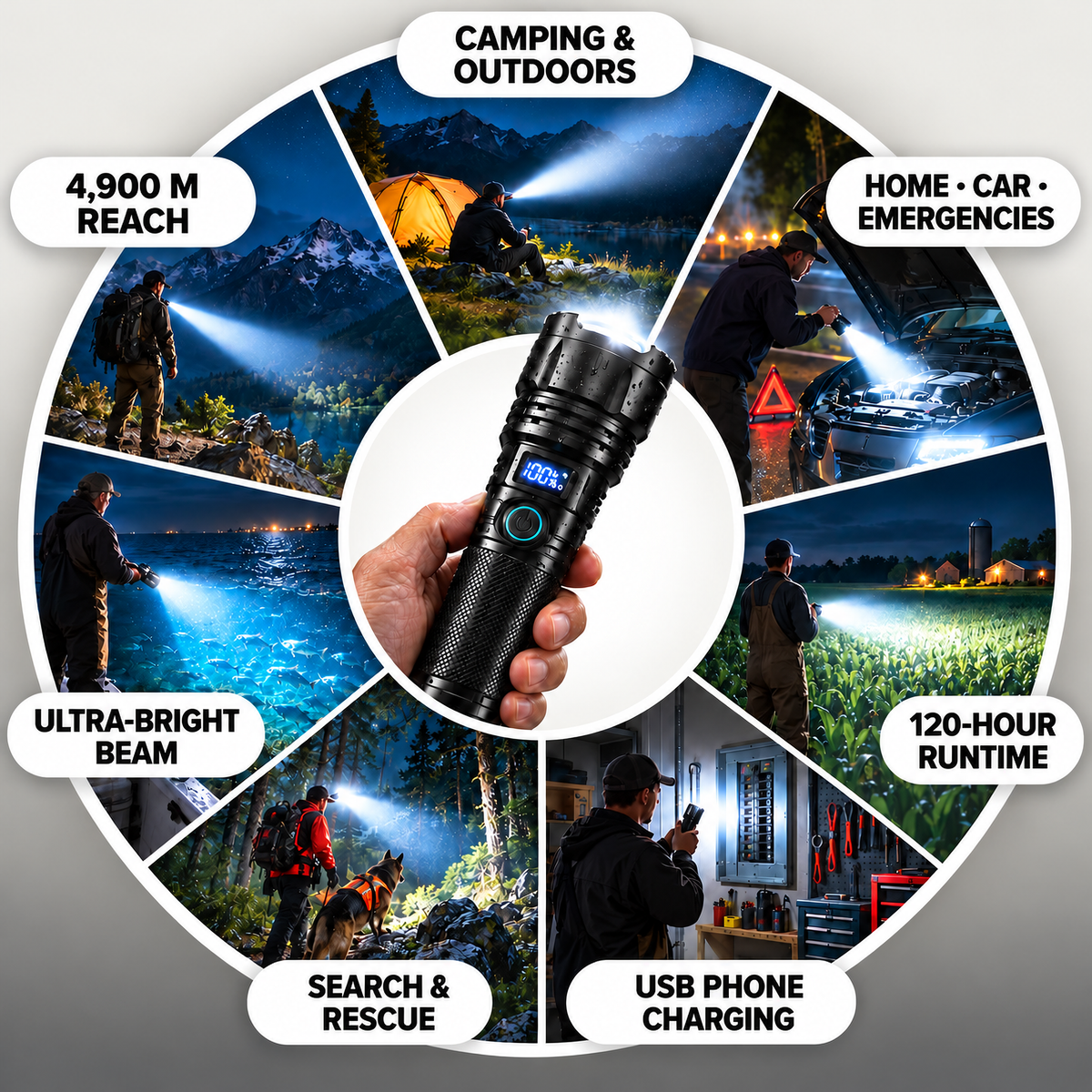 Flashlight for camping, home use and roadside emergencies