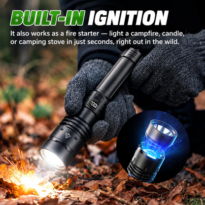 Flashlight with built-in fire-starting lens