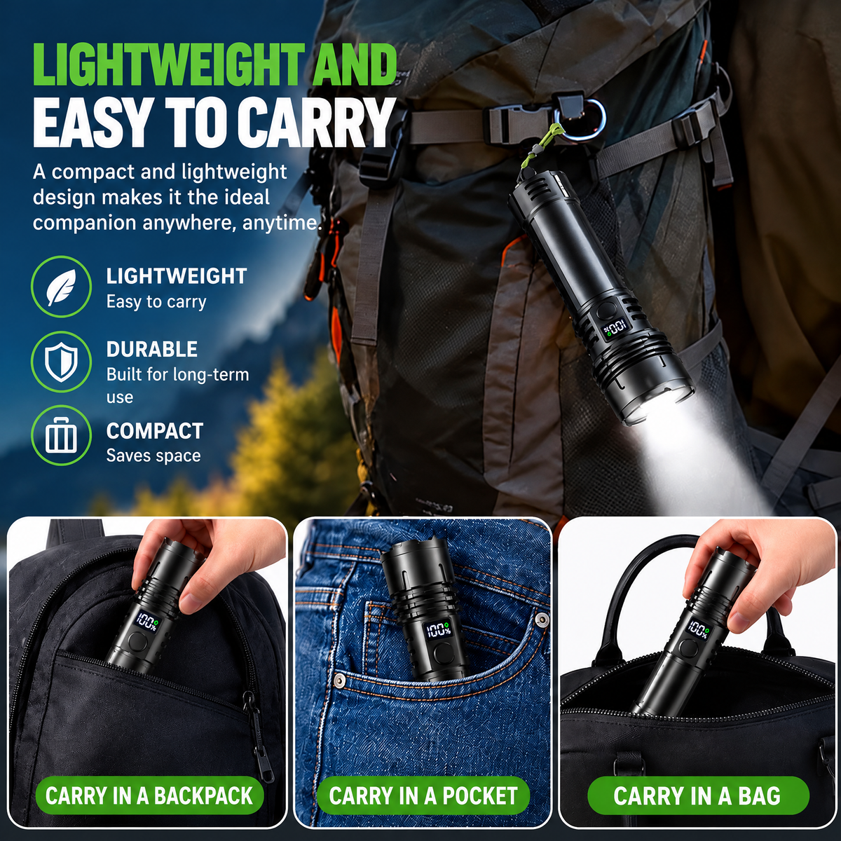 Compact flashlight carried in a backpack, pocket or bag